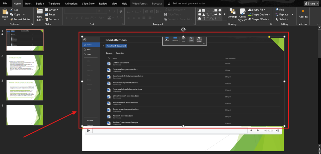 Screenshot of how to add text to screen recording in PowerPoint step 2