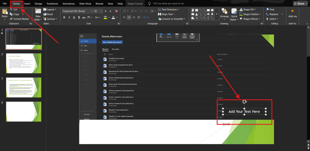 Screenshot of how to add text to screen recording in PowerPoint step 4