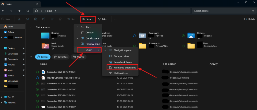 Screenshot of how to convert a PPSX file to PPTX by changing the file extension step 1