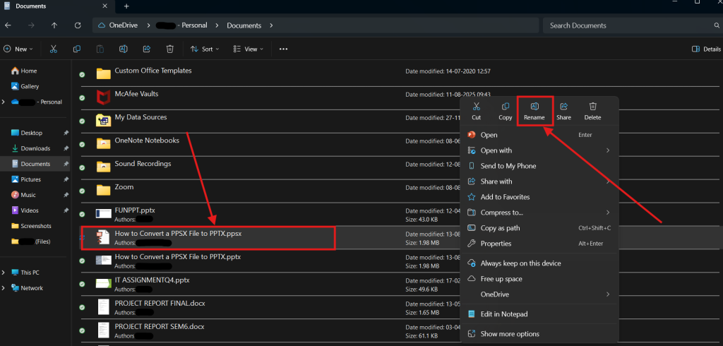 Screenshot of how to convert a PPSX file to PPTX by changing the file extension step 2