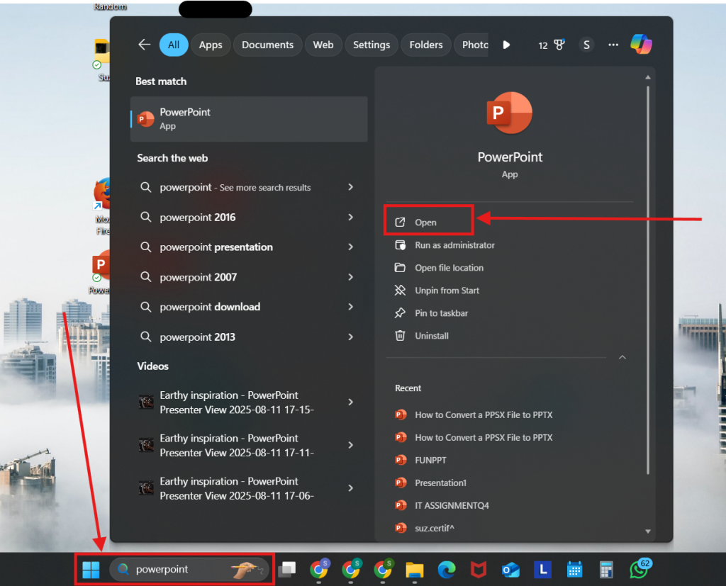 Screenshot of how to convert a PPSX file to PPTX in Microsoft PowerPoint step 1