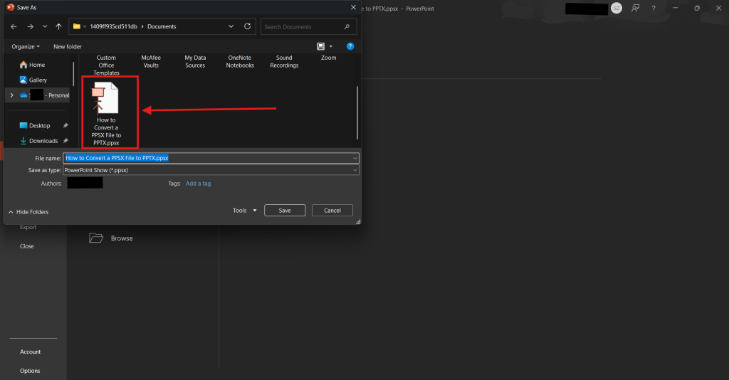 Screenshot of how to convert a PPSX file to PPTX in Microsoft PowerPoint step 7