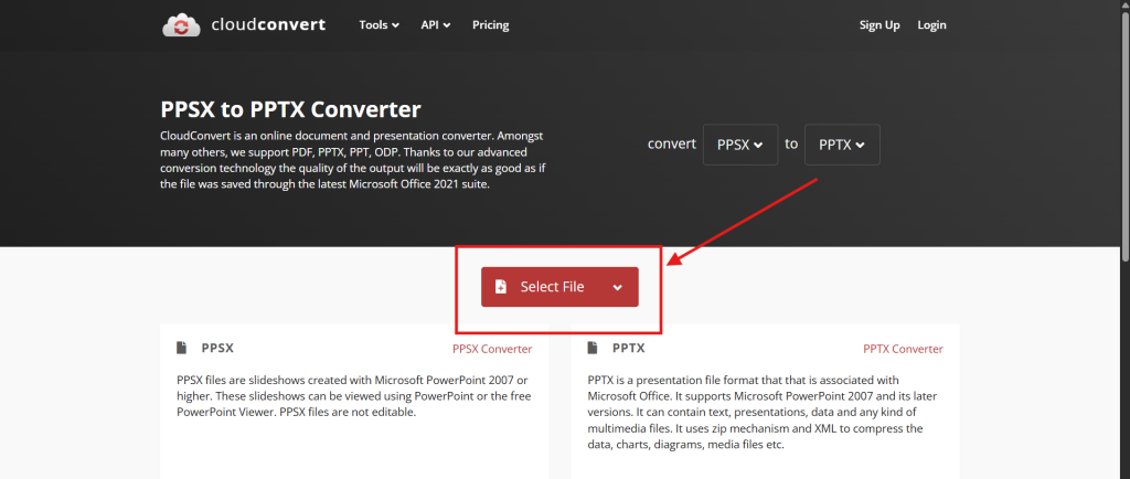 Screenshot of how to convert a PPSX file to PPTX using CloudConvert online converter step 1