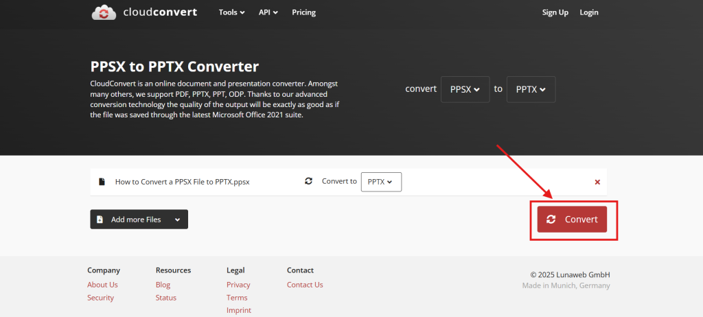 Screenshot of how to convert a PPSX file to PPTX using CloudConvert online converter step 4
