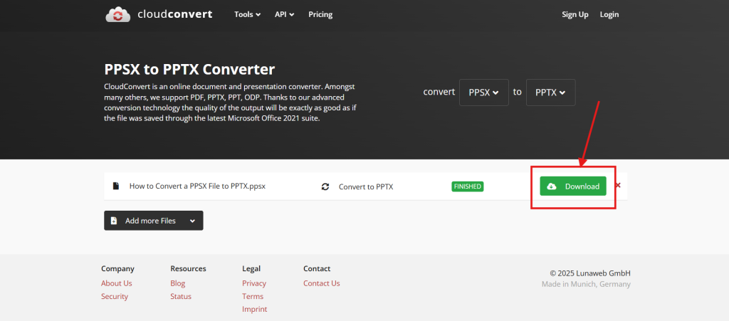 Screenshot of how to convert a PPSX file to PPTX using CloudConvert online converter step 5