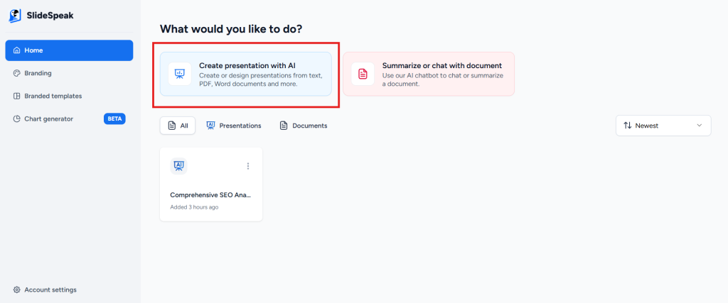 screenshot of how to create timeline with Slidespeak step 1