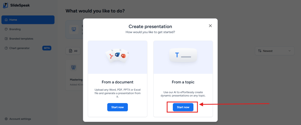 screenshot of how to create timeline with Slidespeak step 2