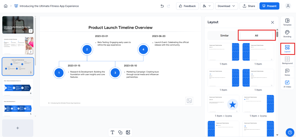 screenshot of how to create timeline with slidespeak step 5