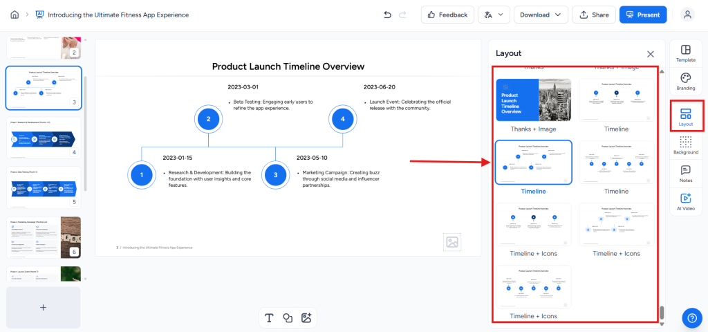 screenshot of how to create timeline with slidespeak step 6