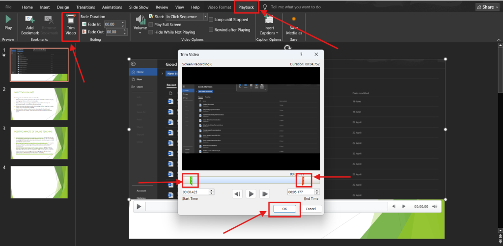 Screenshot of how to edit screen recording in PowerPoint step 2