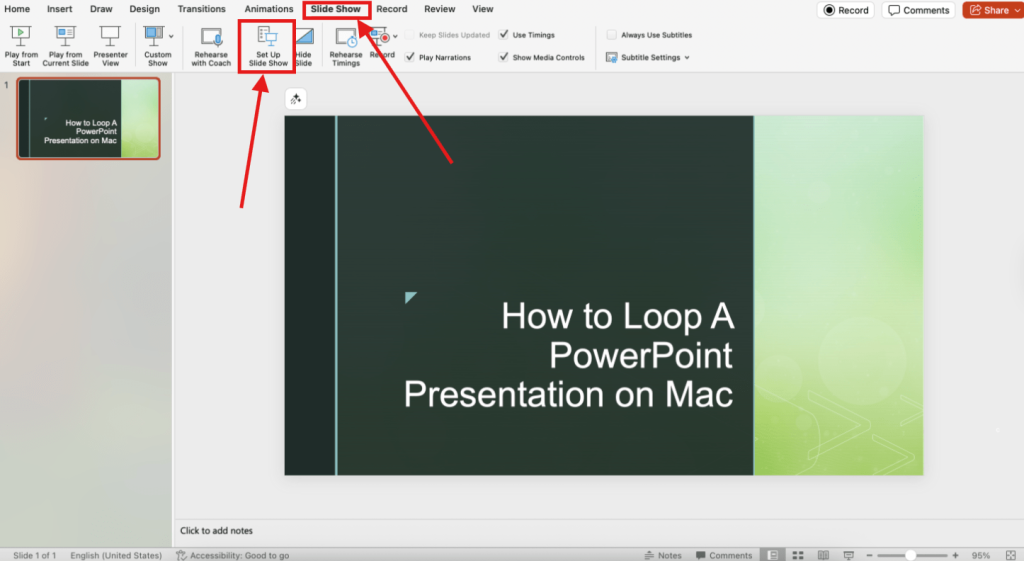 Screenshot of how to loop a PowerPoint on Mac step 2