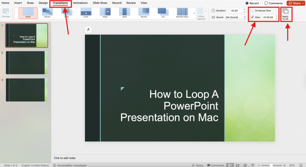 Screenshot of how to loop a PowerPoint on Mac step 4