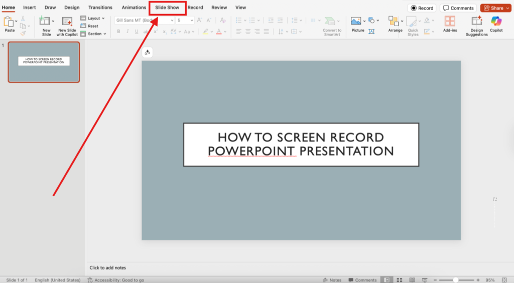 Screenshot of how to screen record a PowerPoint presentation on Mac step 1