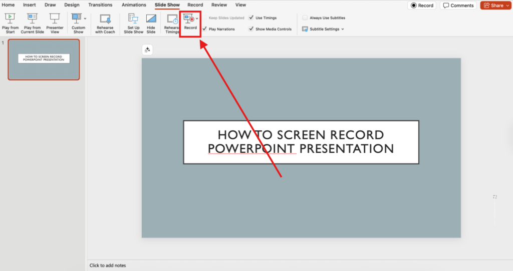 Screenshot of how to screen record a PowerPoint presentation on Mac step 2
