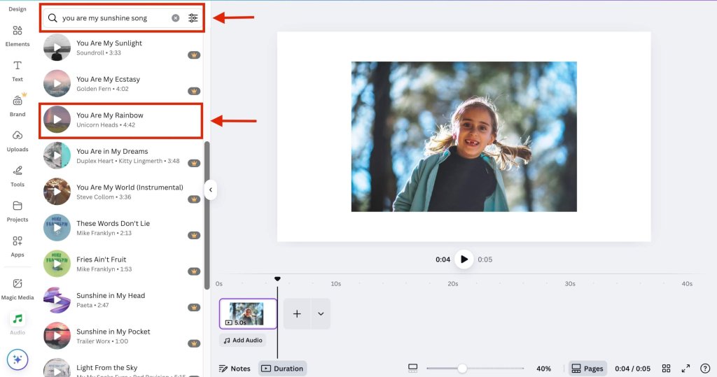 Screenshot of how to add music on Canva step 4