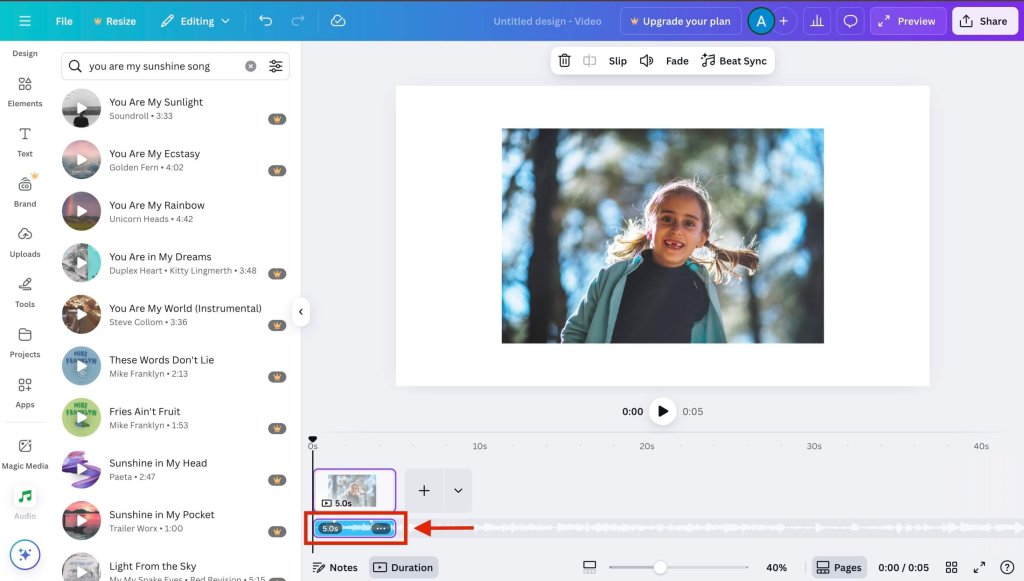 Screenshot of how to add music on Canva step 5