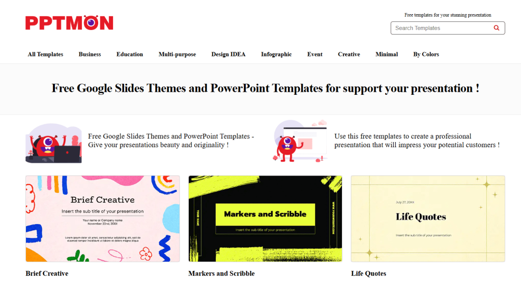 Screenshot of PPTMON free Google Slides templates collection