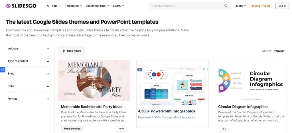 Screenshot of Slidesgo free Google Slides templates collection