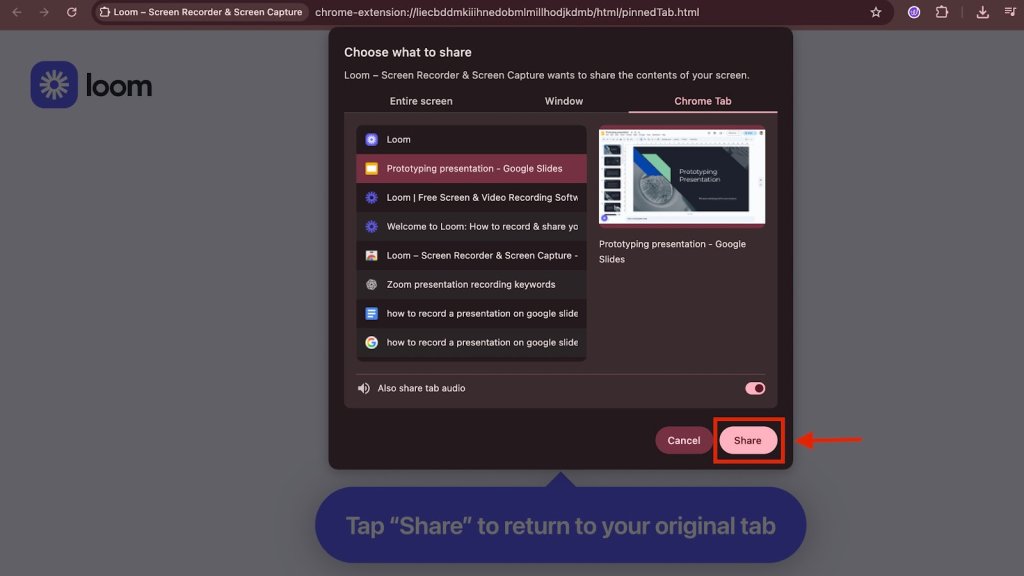 Screenshot of step 7 of using Loom