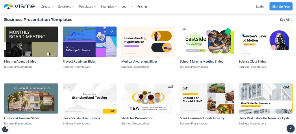 Screenshot of Visme free Google Slides templates collection