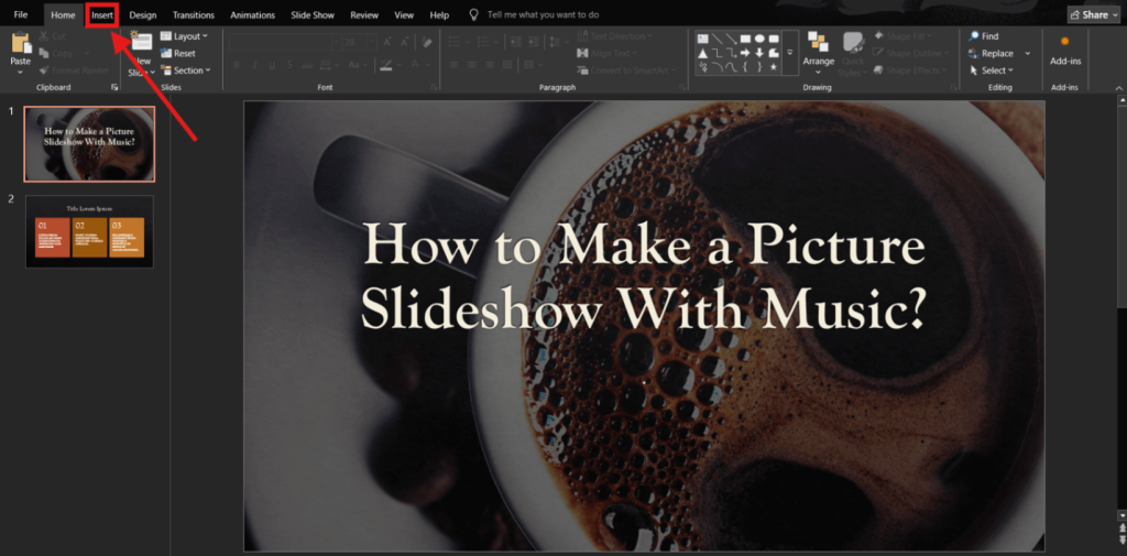 Step 1 of adding music to a slideshow on Windows