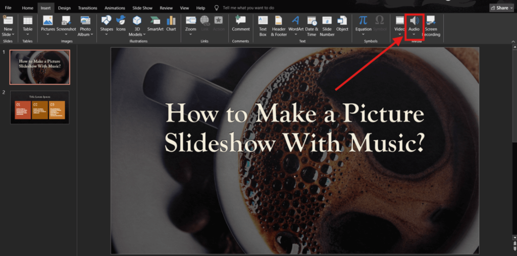 Step 2 of adding music to a slideshow on Windows