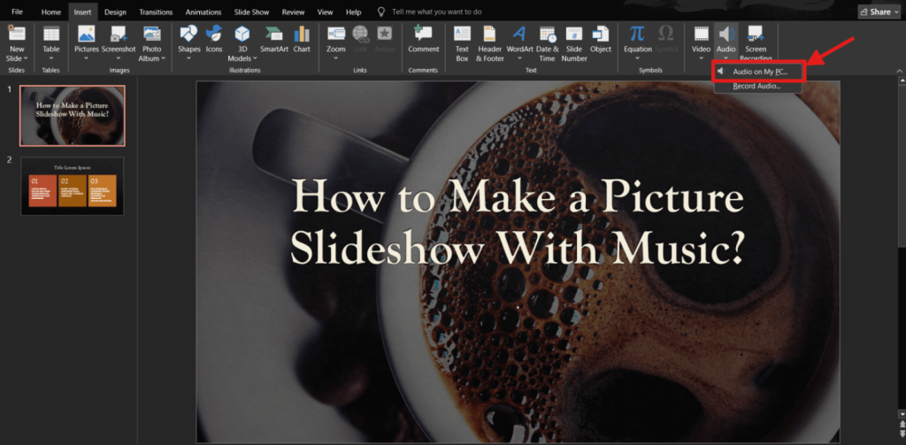 Step 3 of adding music to a slideshow on Windows