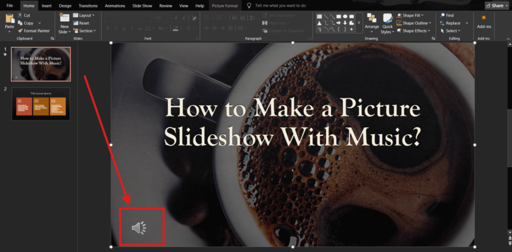 Step 5 of adding music to a slideshow on Windows