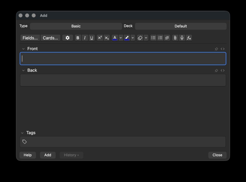 The Anki Add note dialog with front and back fields
