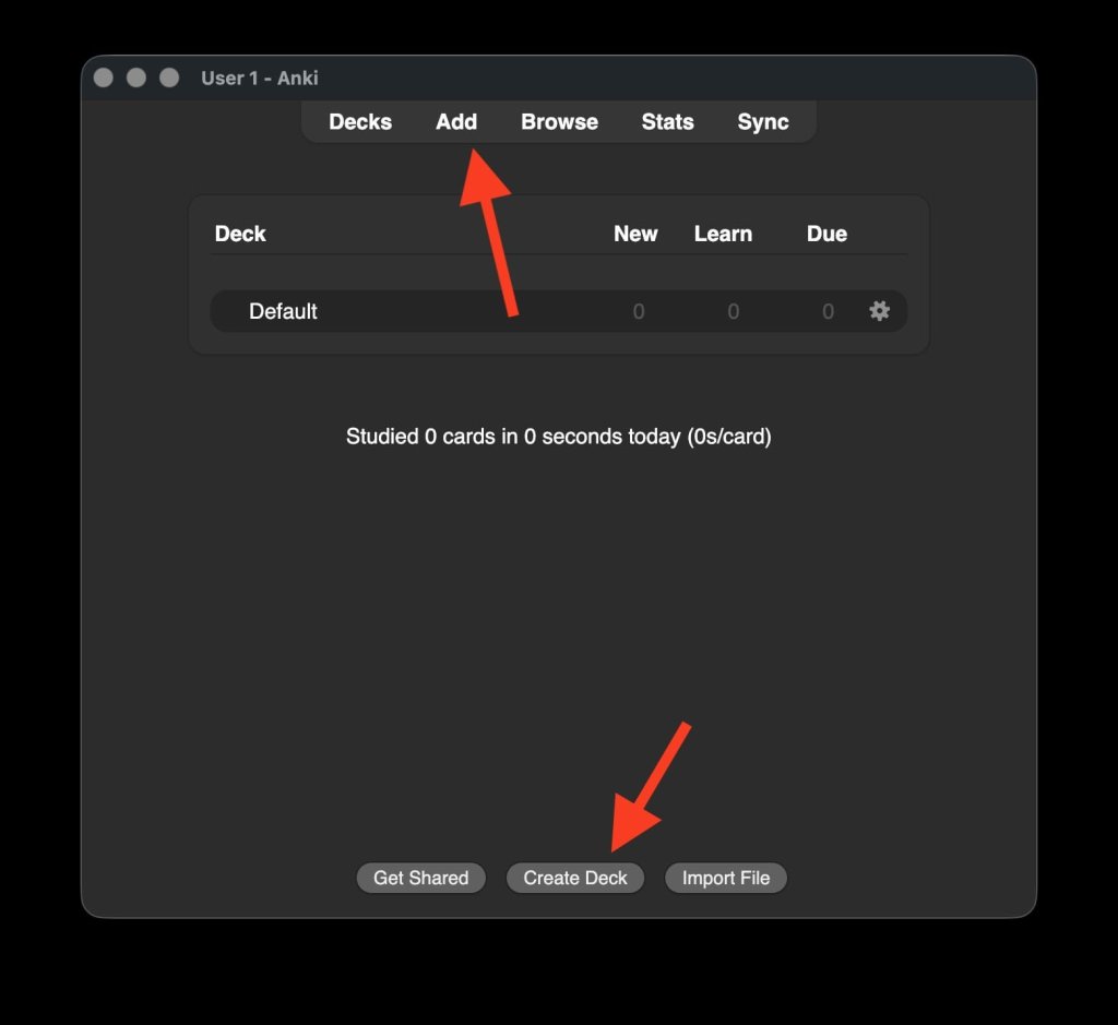 The Anki deck screen with the Add and Create Deck buttons highlighted