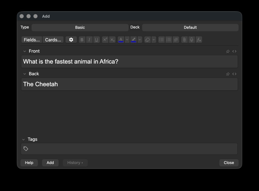 A flashcard question and answer entered in Anki