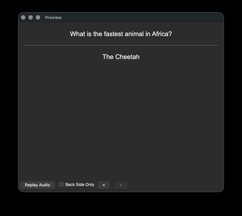 Previewing a flashcard question and answer in Anki