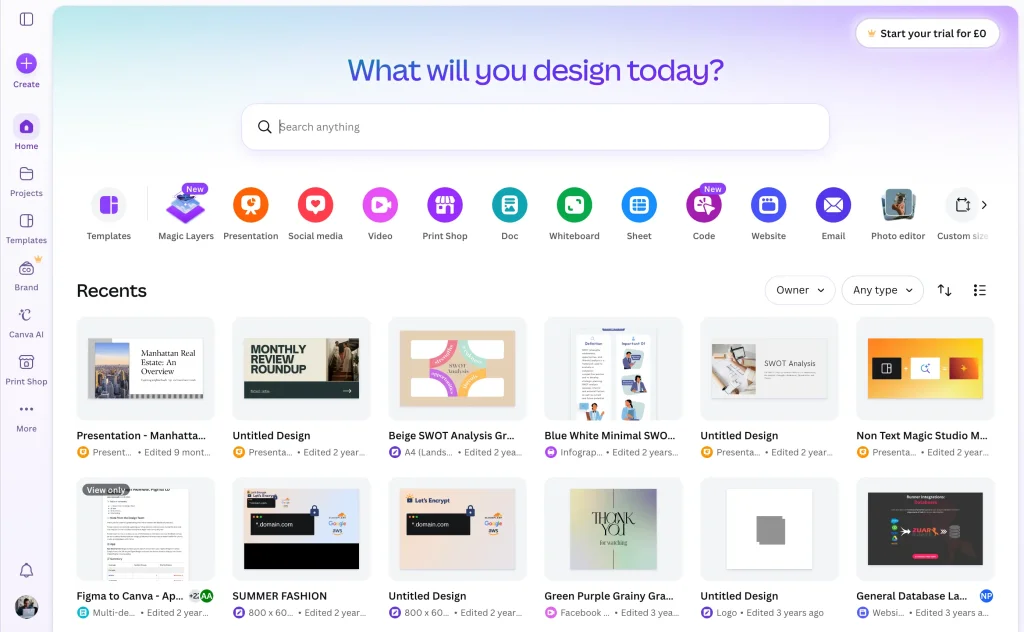The Canva dashboard with designs generated from ChatGPT