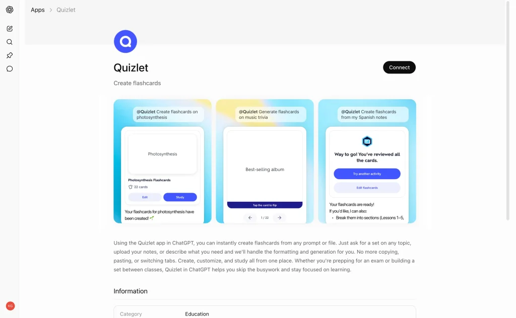 The Quizlet app running inside ChatGPT