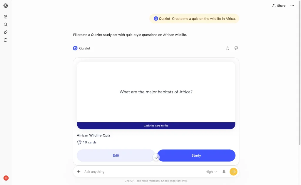 A practice quiz generated by the Quizlet app in ChatGPT