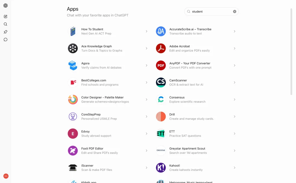 Searching for student apps in the ChatGPT apps directory