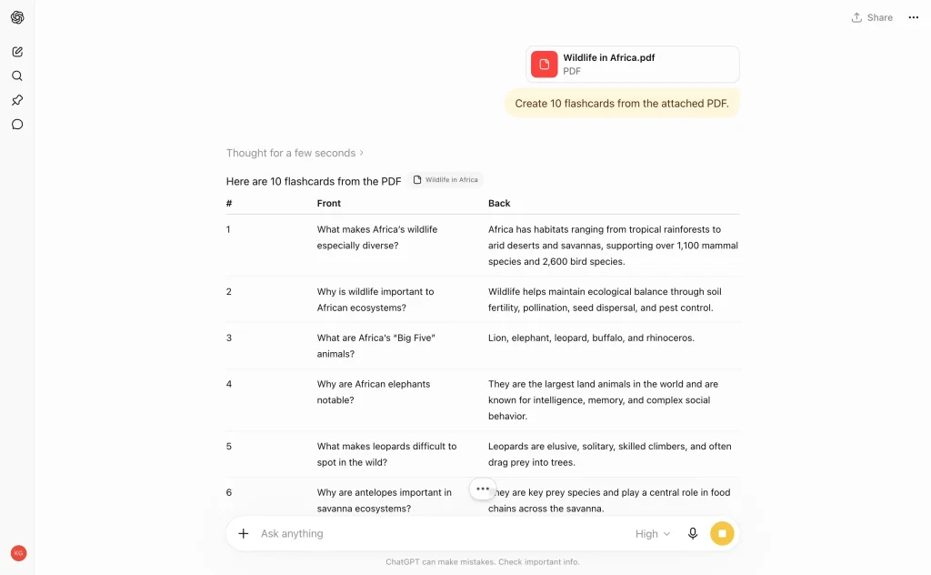 AI-generated flashcards from a PDF in ChatGPT, shown as a table