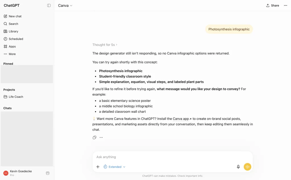 The retired Canva GPT returning an error in ChatGPT