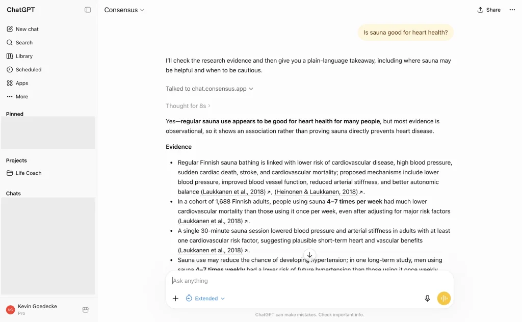 The Consensus GPT answering a research question with citations