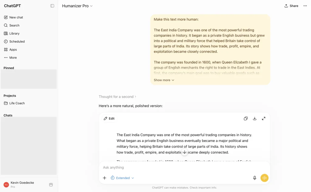 The Humanizer Pro GPT rewriting text in ChatGPT