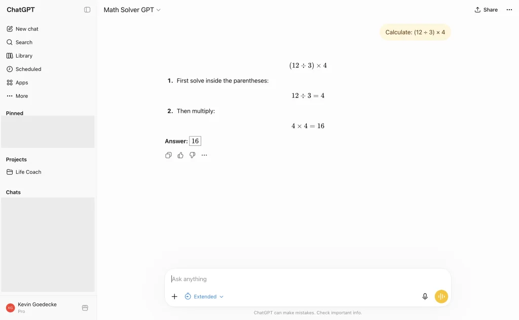 The official Math Solver GPT working through a problem in ChatGPT
