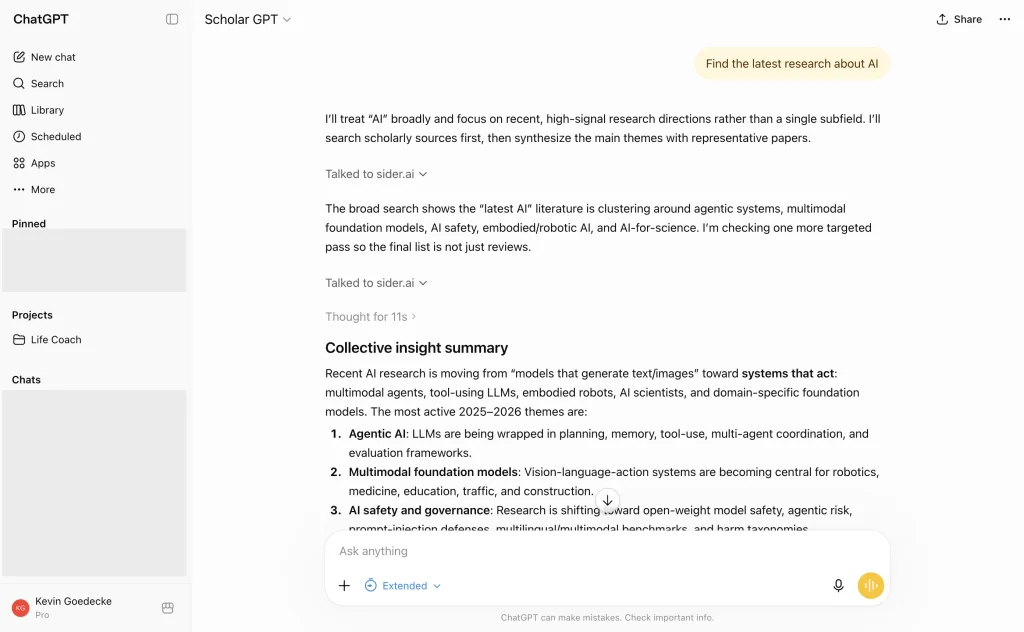 Scholar GPT searching academic databases in ChatGPT