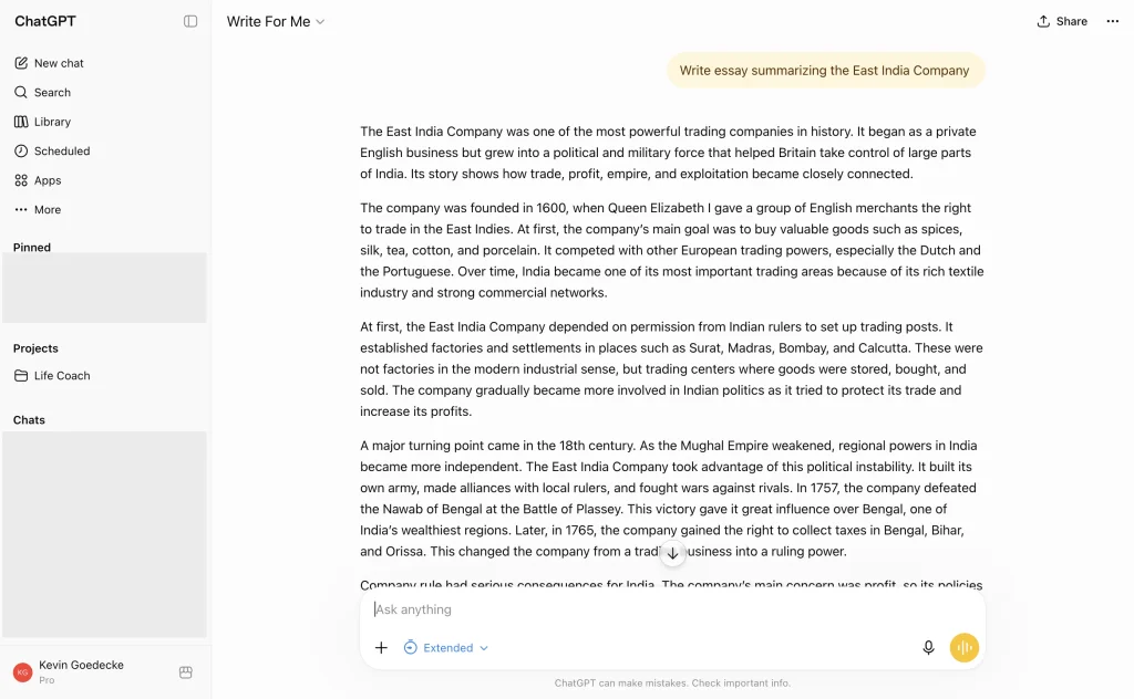 The Write For Me GPT drafting an essay in ChatGPT