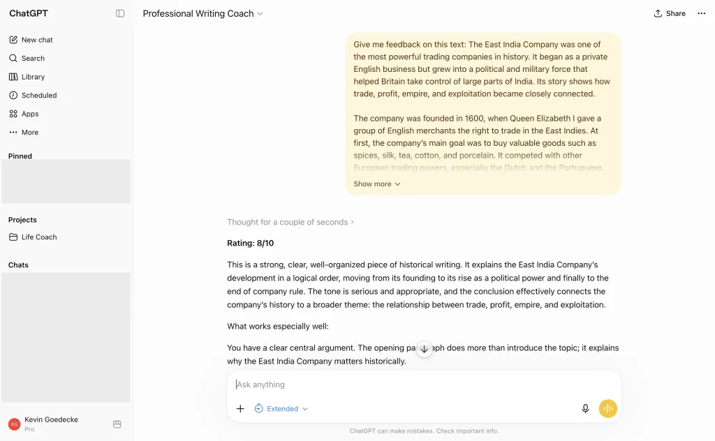 The Professional Writing Coach GPT giving feedback in ChatGPT