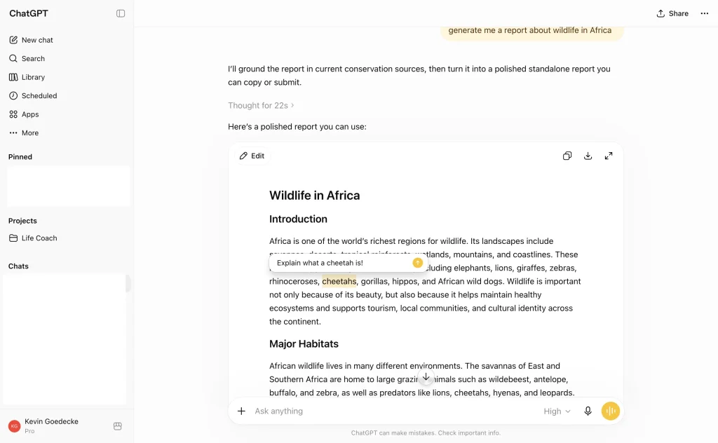 An inline writing block in ChatGPT with a selected passage and an edit prompt