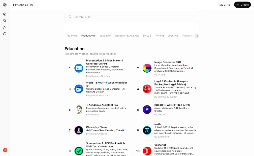 Top education GPTs in the GPT Store