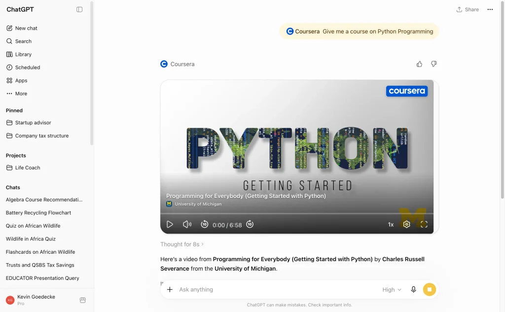 The Coursera app in ChatGPT suggesting Python programming courses