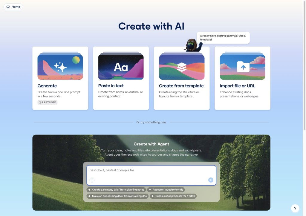 gamma create with ai options including gamma agent