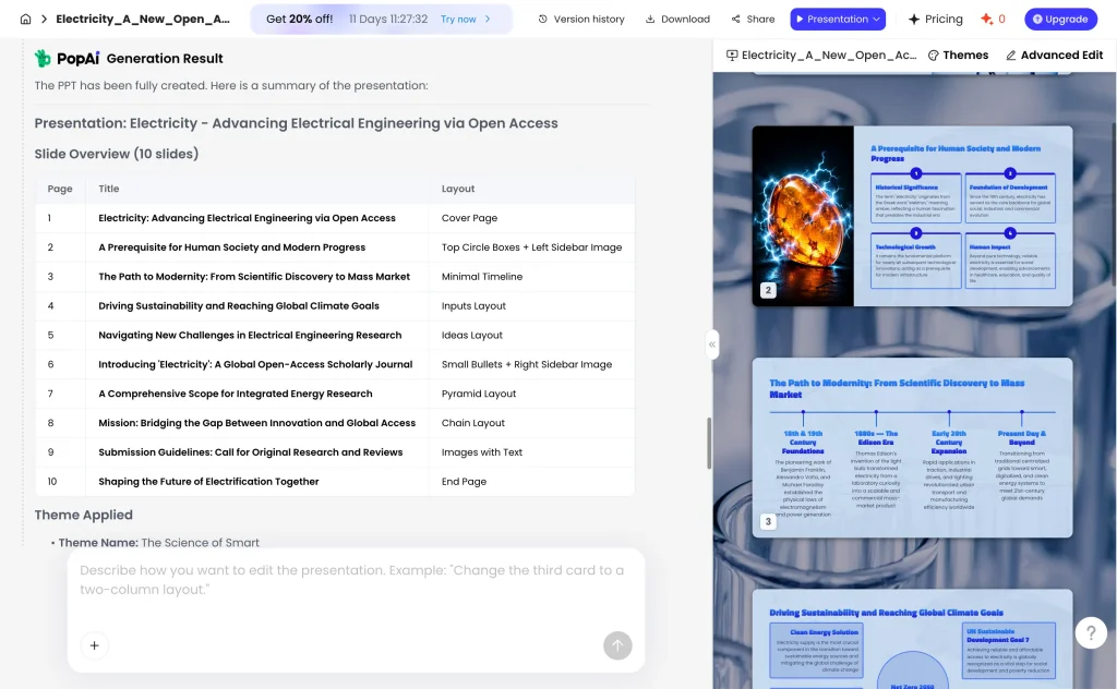The AI-generated presentation outline in PopAi