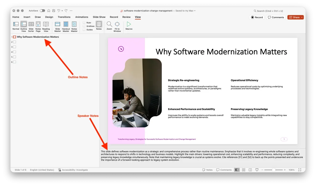 PowerPoint Outline view with the outline pane and speaker notes area highlighted